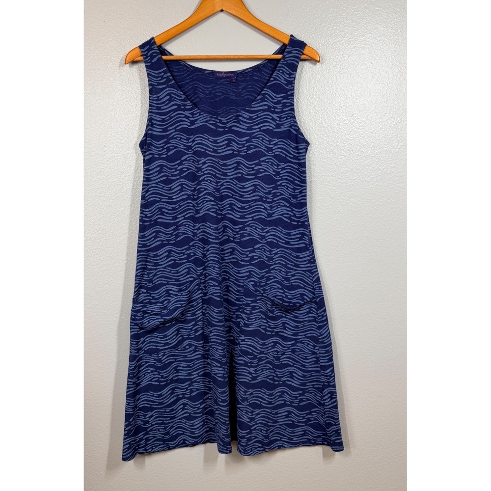 Fresh Produce Dress Womens S Blue Wave Print Sleeveless Pockets Cotton USA Made